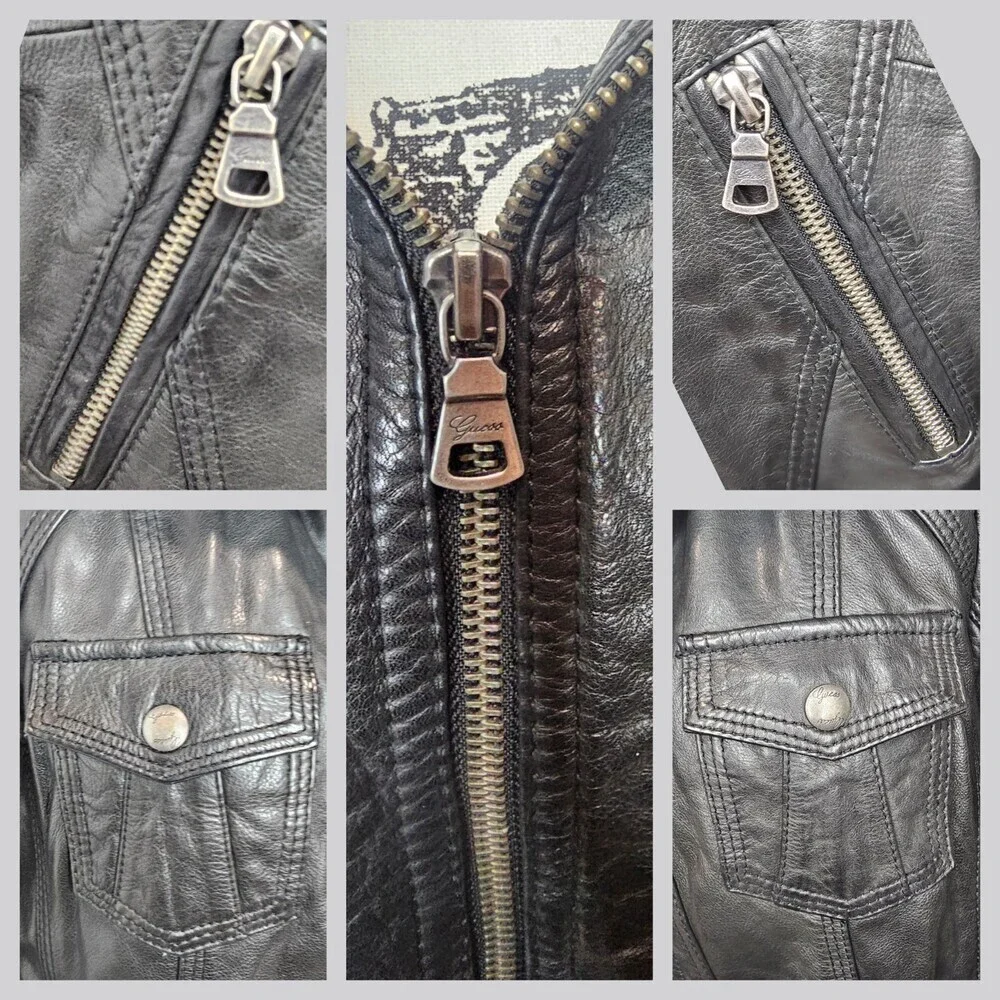 Vintage Y2K Guess Leather Moto Zip Jacket Pockets Size XL - Picture 10 of 12